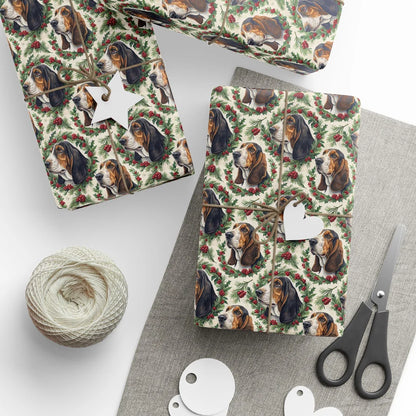 Basset Hound Portrait Wreath Wrapping Paper — styled gift wrapping with scissors and twine