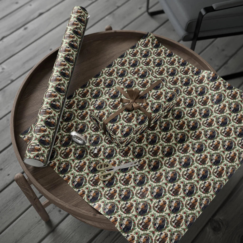 Basset Hound Portrait Wreath Wrapping Paper — gift wrapping presented on a wooden table