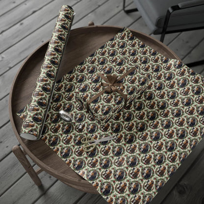 Basset Hound Portrait Wreath Wrapping Paper — gift wrapping presented on a wooden table