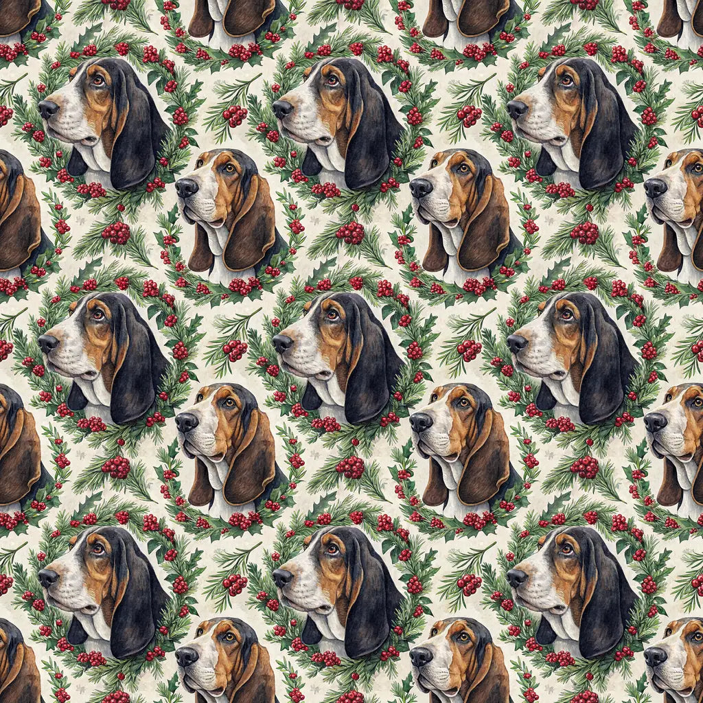 Basset Hound Portrait Wreath Wrapping Paper — repeating pattern tile