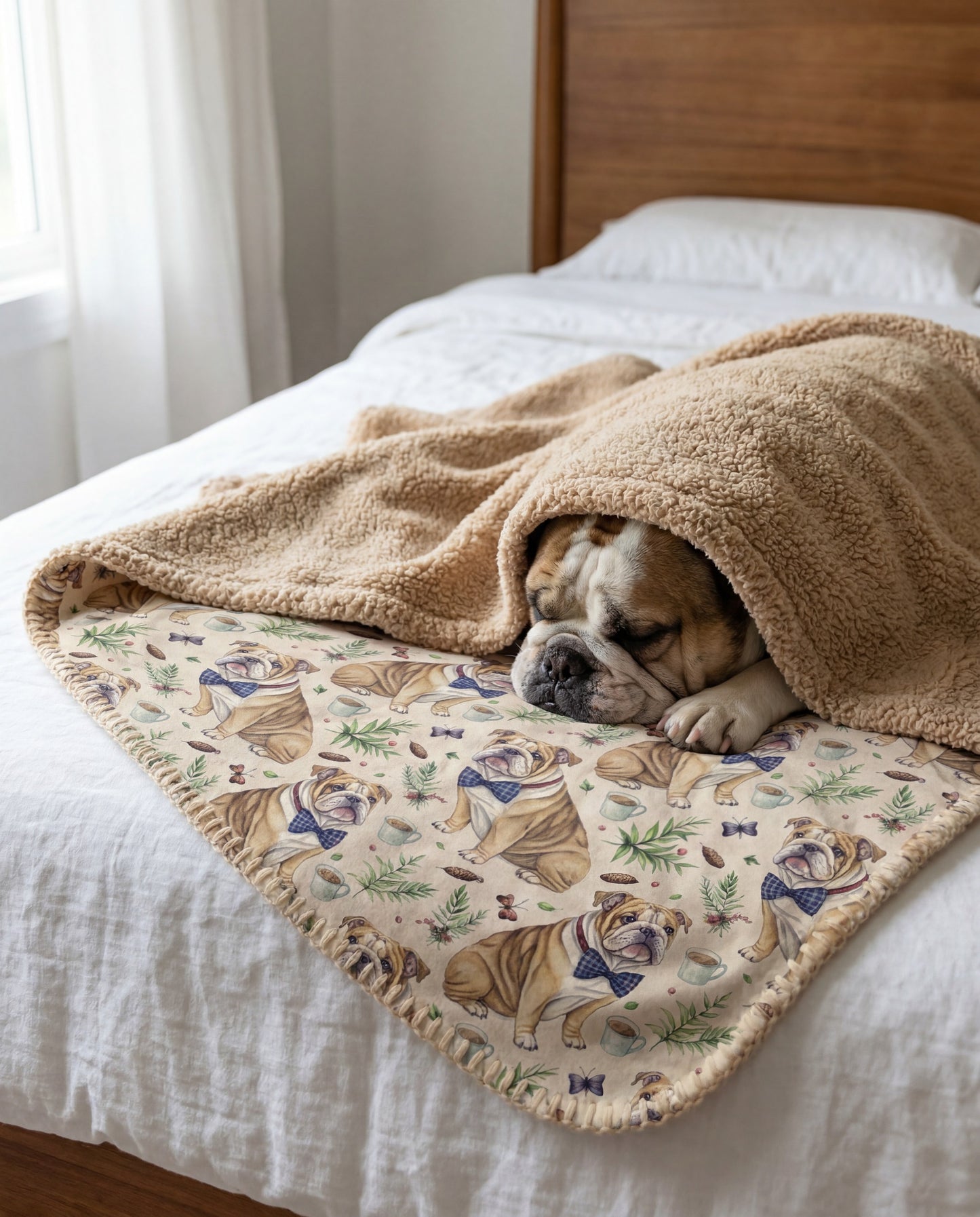 English Bulldog curled asleep in a Dapper English Bulldog sherpa blanket on a bed