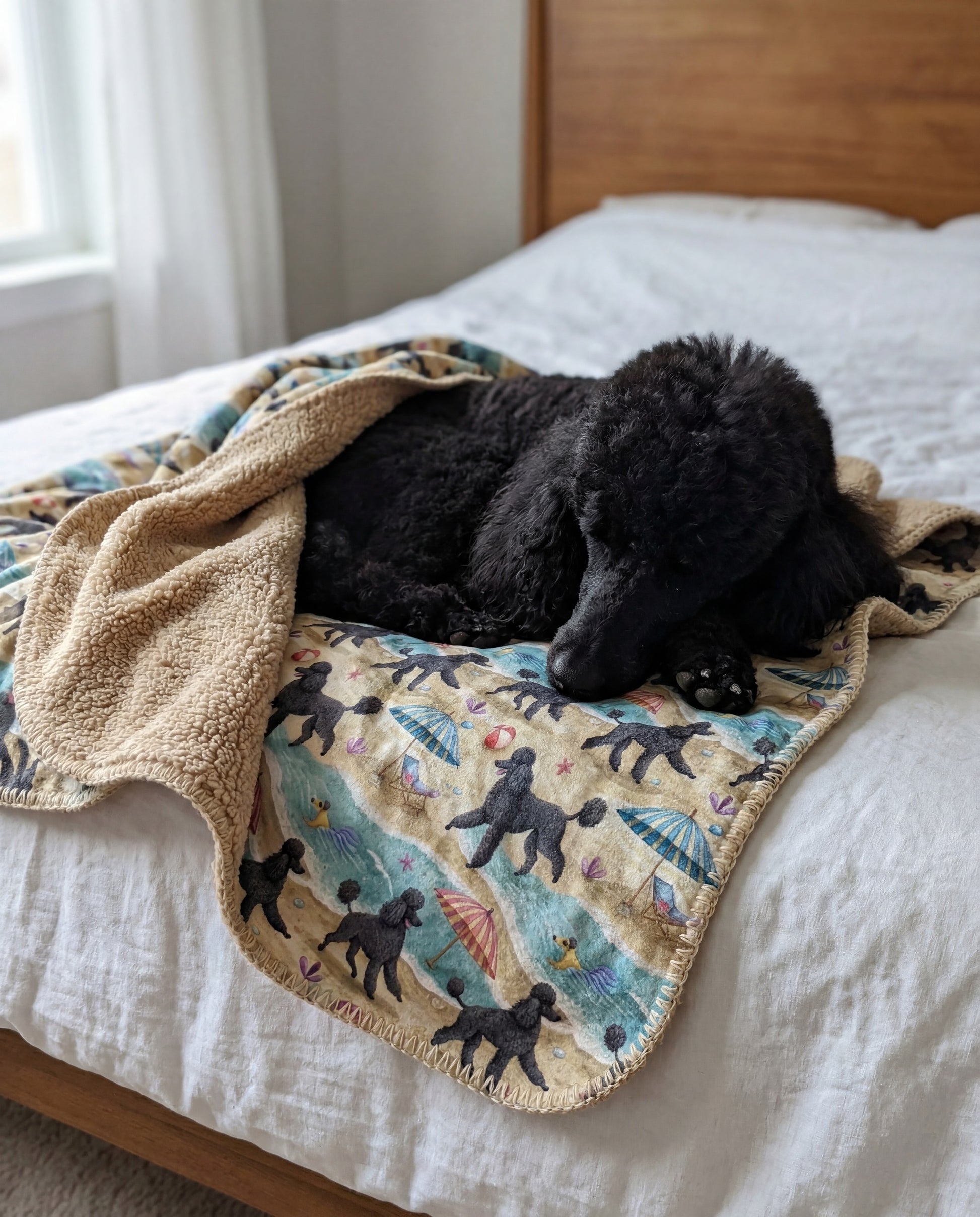 black Standard Poodle curled asleep in a Poodle beach-day sherpa blanket on a bed