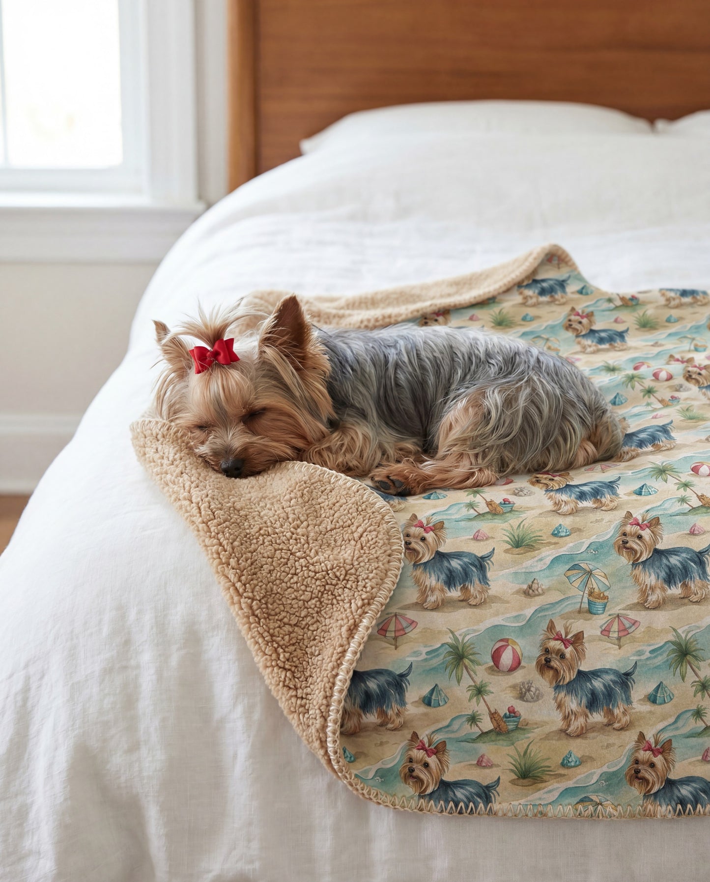 Yorkshire Terrier curled asleep in a Yorkshire Terrier beach-day sherpa blanket on a bed