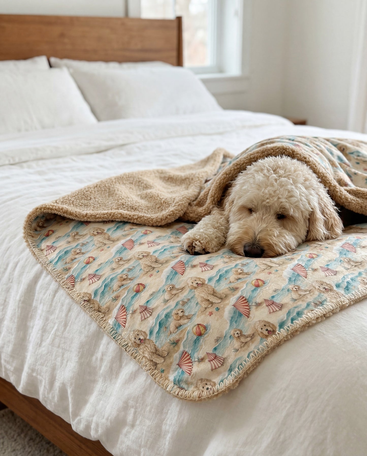 cream Goldendoodle curled asleep in a Goldendoodle beach-day sherpa blanket on a bed