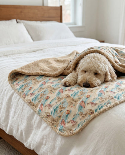 cream Goldendoodle curled asleep in a Goldendoodle beach-day sherpa blanket on a bed