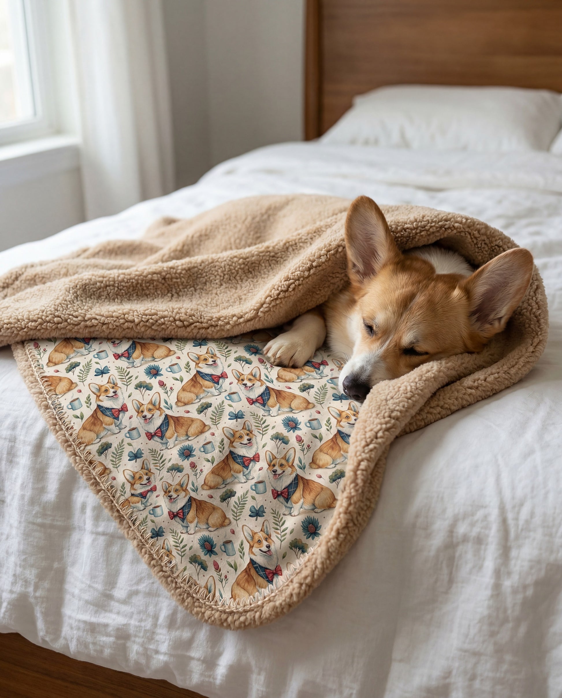 Pembroke Welsh Corgi curled asleep in a Dapper Corgi sherpa blanket on a bed
