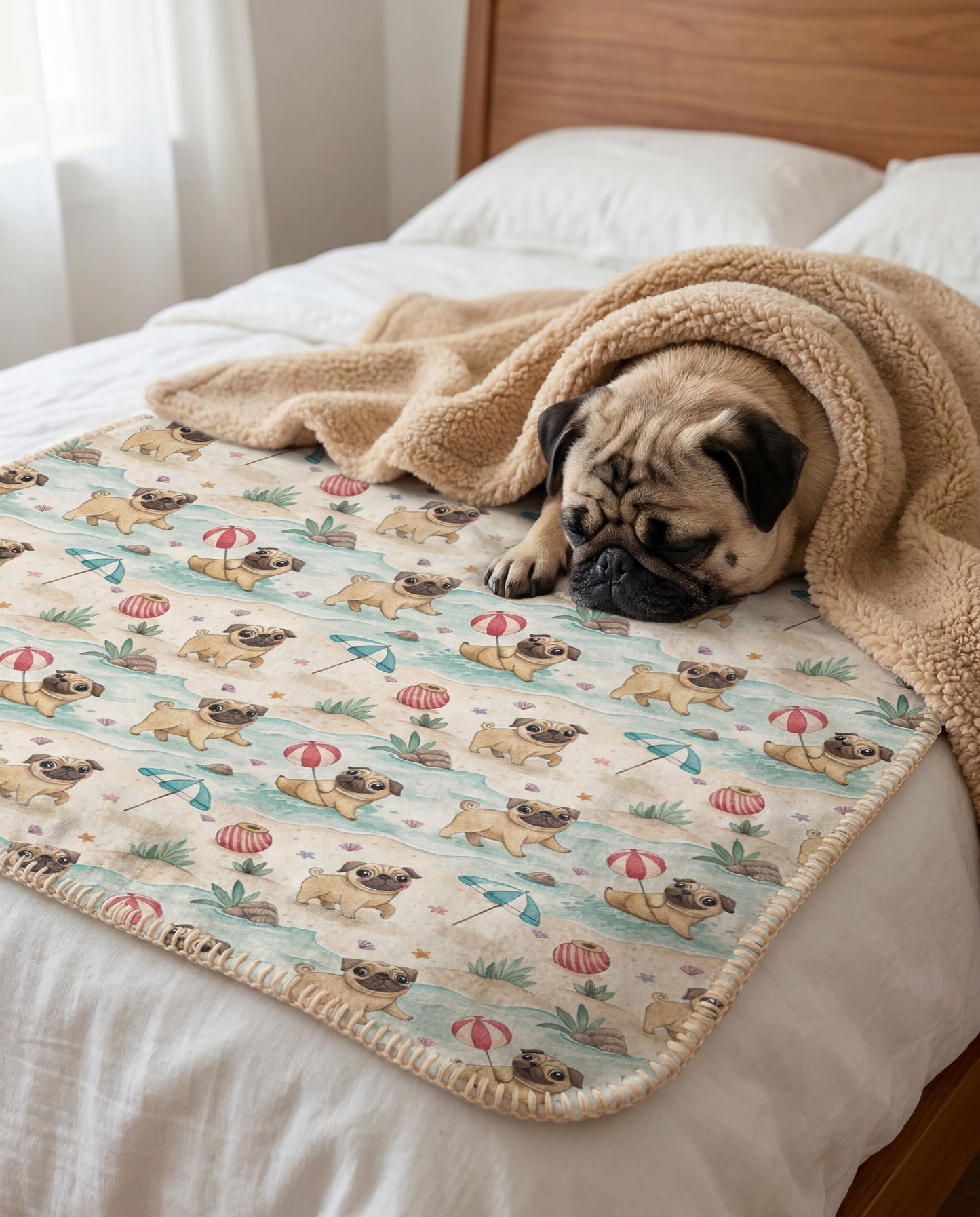 fawn Pug curled asleep in a Pug beach-day sherpa blanket on a bed