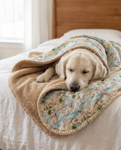 cream English Cream Golden Retriever curled asleep in a English Cream Golden Retriever beach-day sherpa blanket on a bed