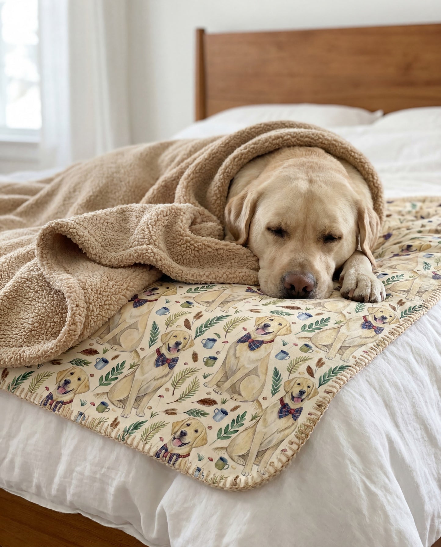Yellow Labrador Retriever curled asleep in a Dapper Labrador Retriever sherpa blanket on a bed