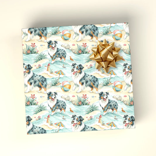 Beach Day Australian Shepherd Wrapping Paper — wrapped gift presentation