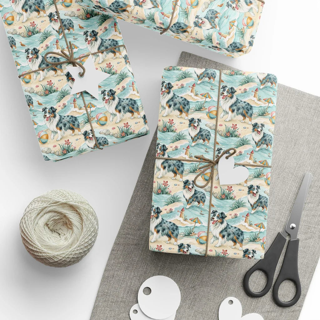 Beach Day Australian Shepherd Wrapping Paper — styled gift wrapping with scissors and twine