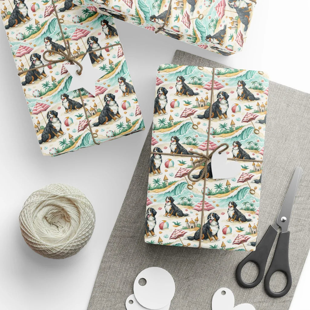 Beach Day Bernese Mountain Dog Wrapping Paper — styled gift wrapping with scissors and twine
