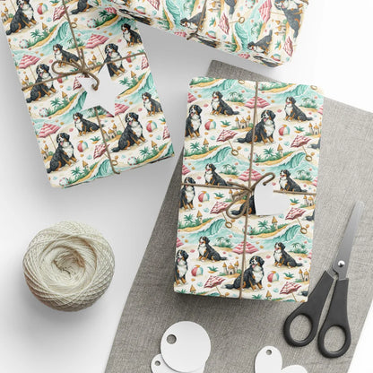 Beach Day Bernese Mountain Dog Wrapping Paper — styled gift wrapping with scissors and twine