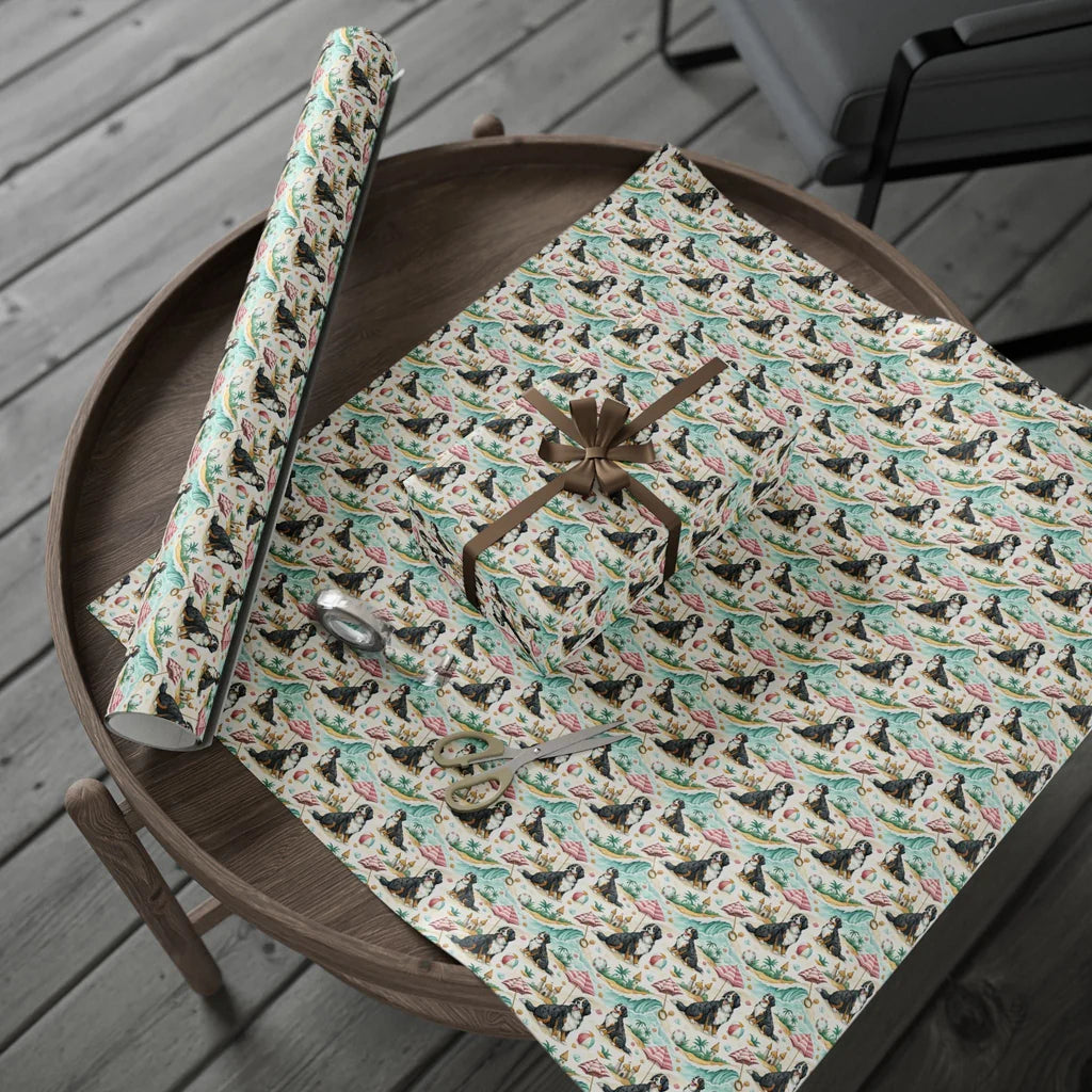 Beach Day Bernese Mountain Dog Wrapping Paper — gift wrapping presented on a wooden table