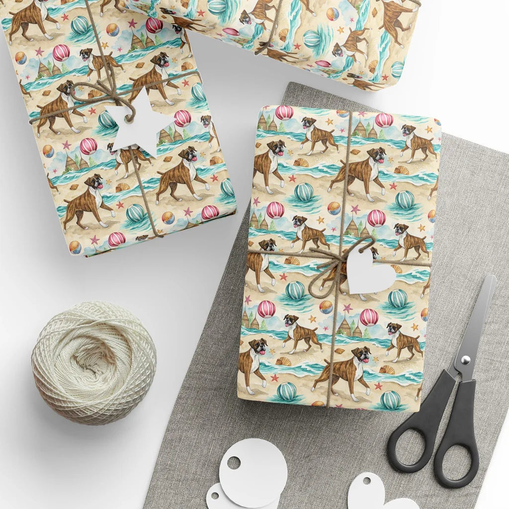 Beach Day Boxer Wrapping Paper — styled gift wrapping with scissors and twine
