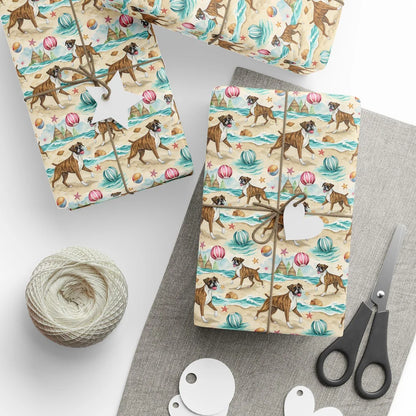 Beach Day Boxer Wrapping Paper — styled gift wrapping with scissors and twine