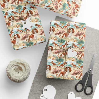 Beach Day Cavalier King Charles Spaniel Wrapping Paper — styled gift wrapping with scissors and twine