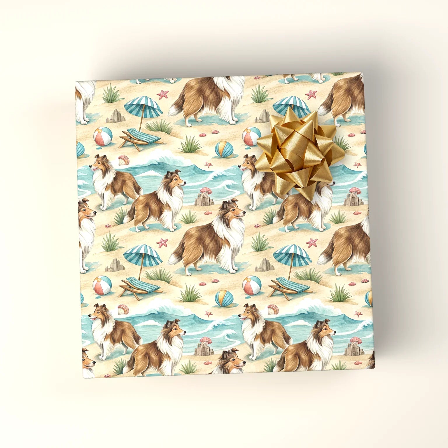 Beach Day Sheltie Wrapping Paper — wrapped gift presentation