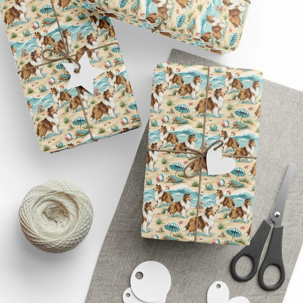 Beach Day Sheltie Wrapping Paper — styled gift wrapping with scissors and twine