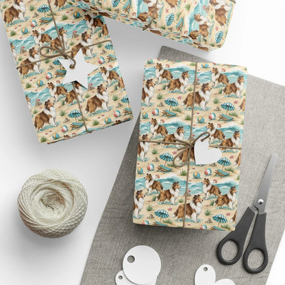 Beach Day Sheltie Wrapping Paper — styled gift wrapping with scissors and twine