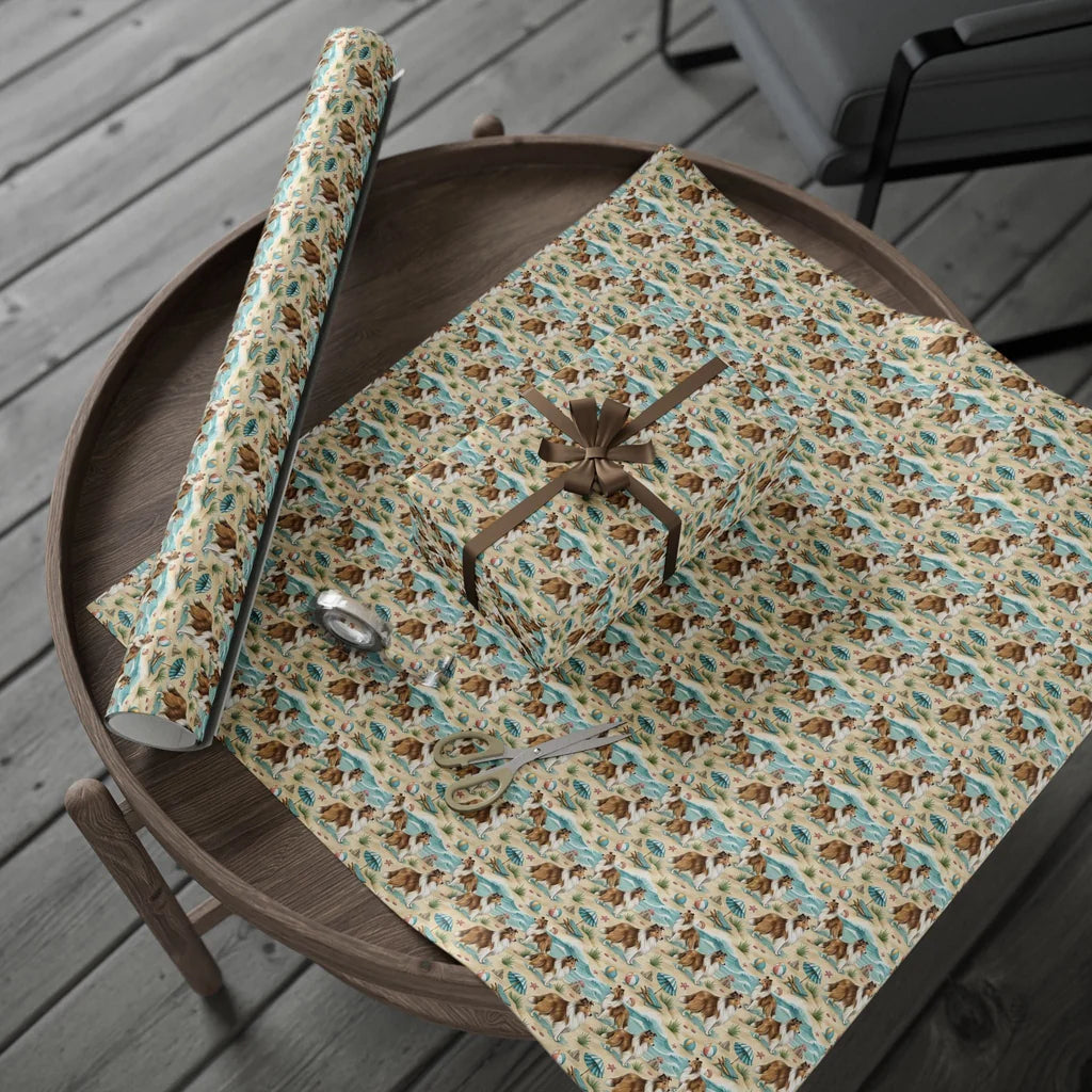 Beach Day Sheltie Wrapping Paper — gift wrapping presented on a wooden table