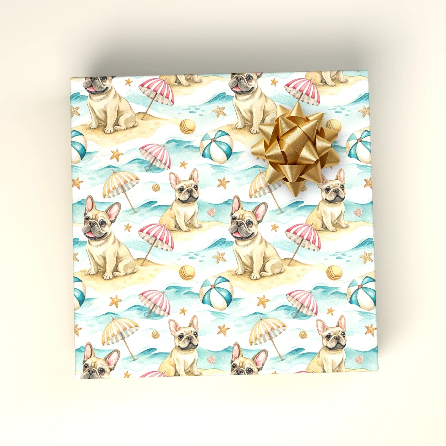 Beach Day French Bulldog Wrapping Paper — wrapped gift presentation