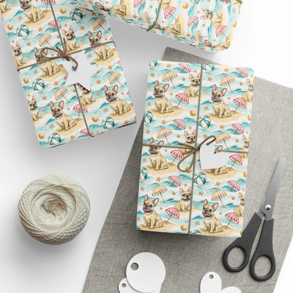 Beach Day French Bulldog Wrapping Paper — styled gift wrapping with scissors and twine