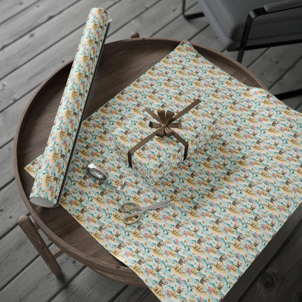 Beach Day French Bulldog Wrapping Paper — gift wrapping presented on a wooden table