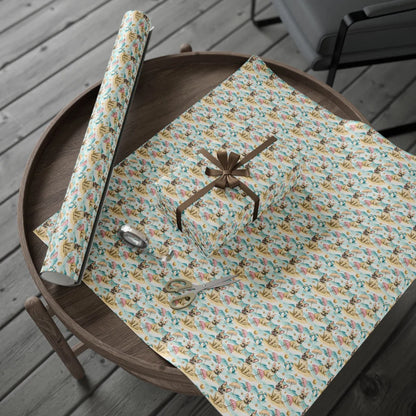 Beach Day French Bulldog Wrapping Paper — gift wrapping presented on a wooden table