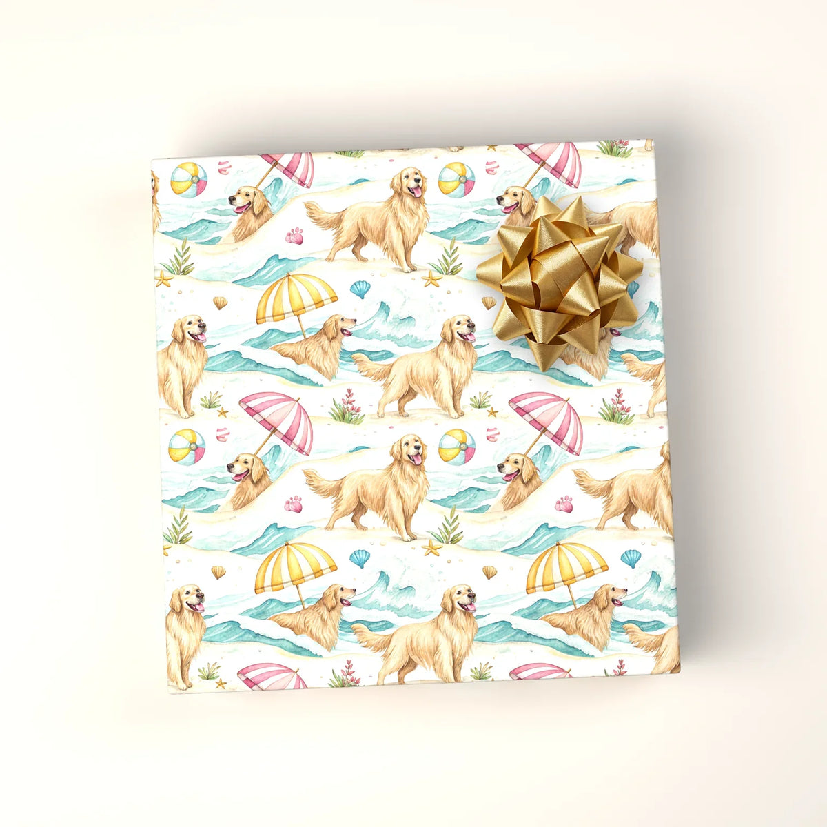 Beach Day Golden Retriever Wrapping Paper — wrapped gift presentation