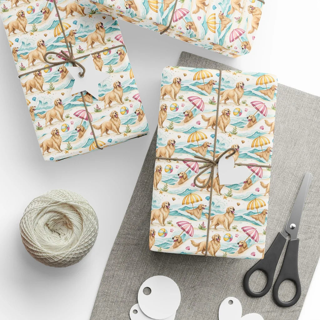 Beach Day Golden Retriever Wrapping Paper — styled gift wrapping with scissors and twine