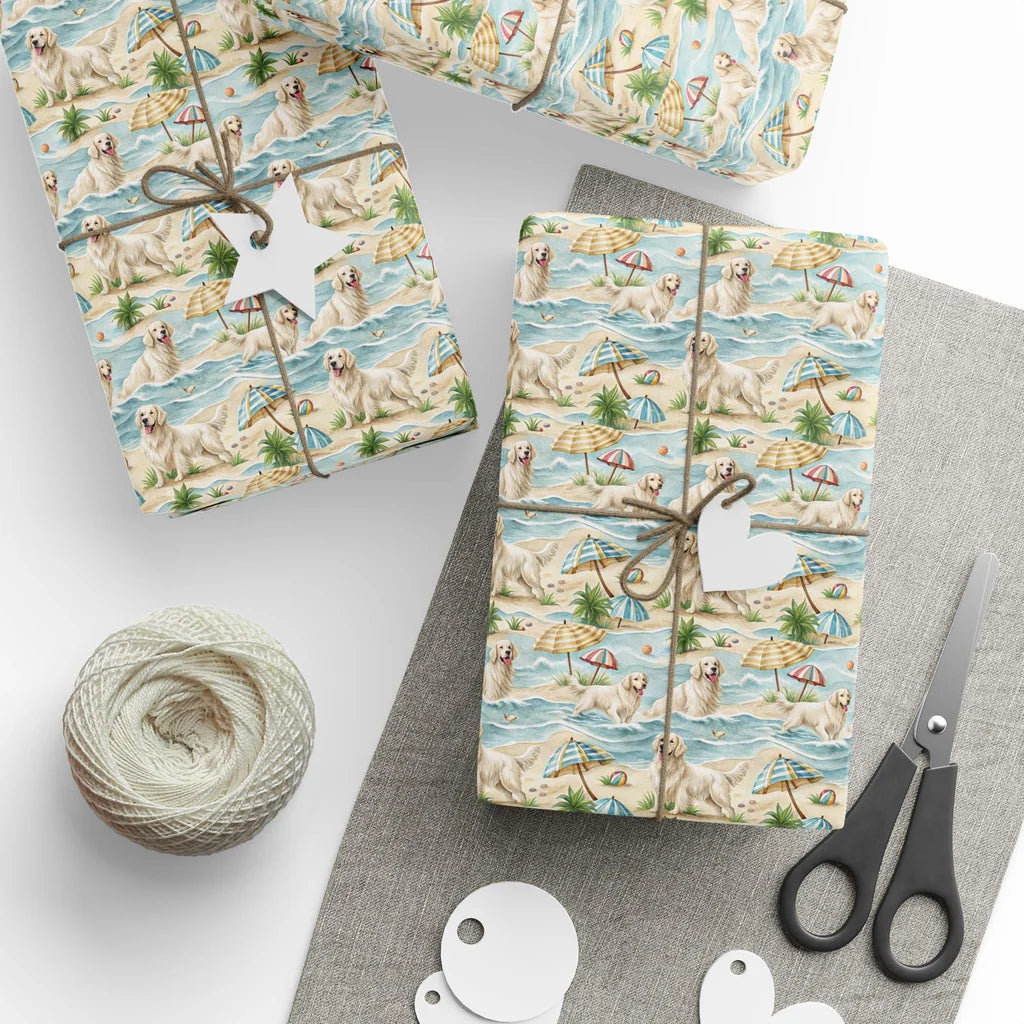 Beach Day Golden Retriever Wrapping Paper — styled gift wrapping with scissors and twine
