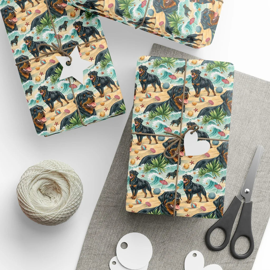 Beach Day Rottweiler Summer Wrapping Paper — styled gift wrapping with scissors and twine