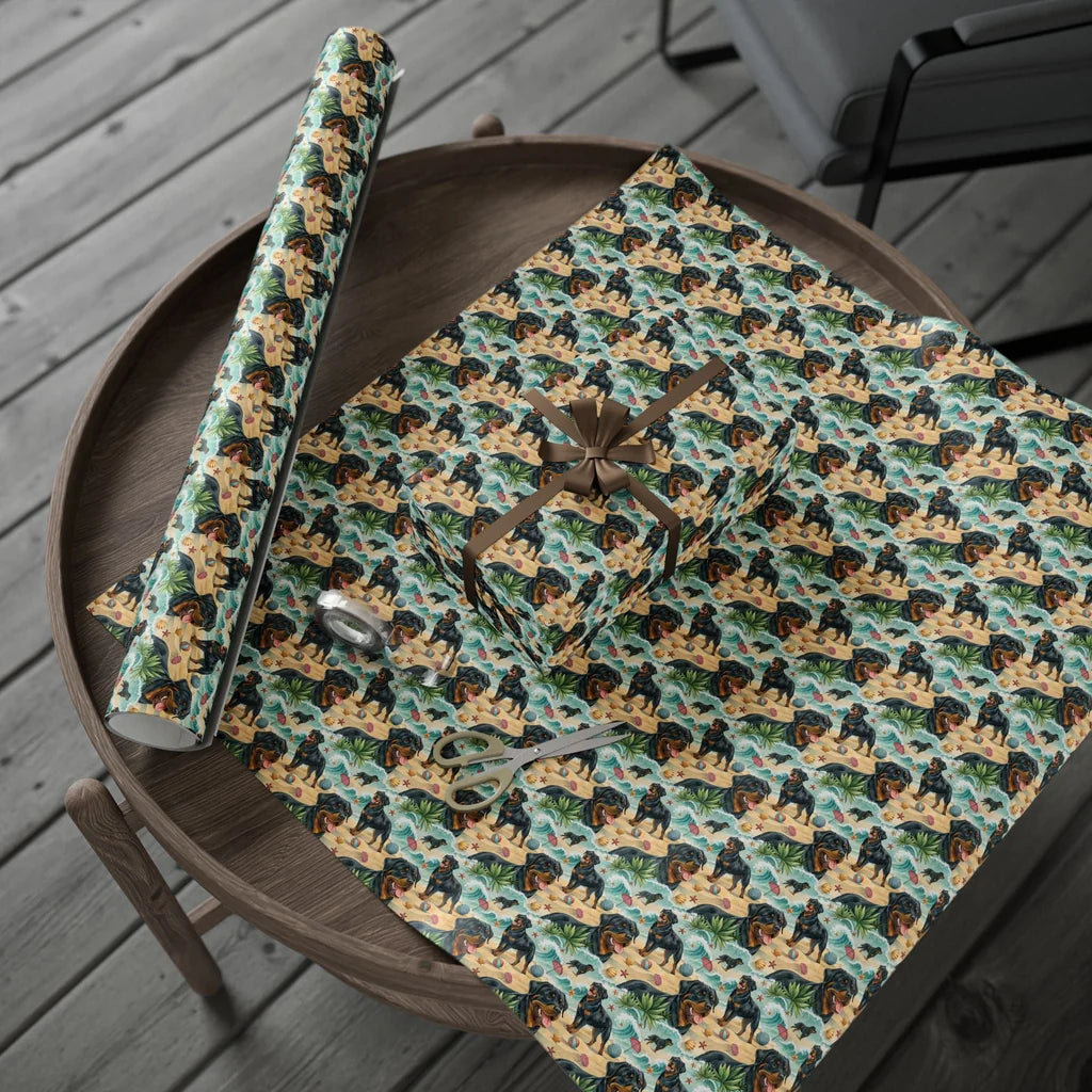 Beach Day Rottweiler Summer Wrapping Paper — gift wrapping presented on a wooden table