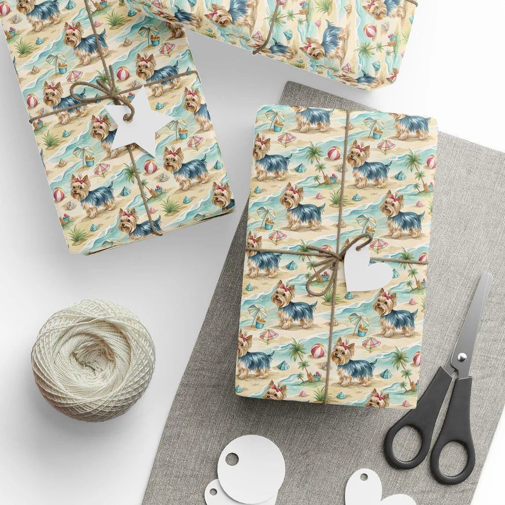 Beach Day Yorkie Wrapping Paper — styled gift wrapping with scissors and twine