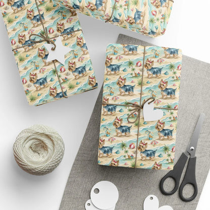 Beach Day Yorkie Wrapping Paper — styled gift wrapping with scissors and twine