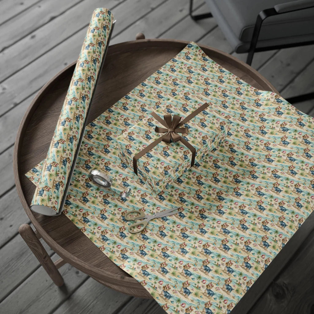 Beach Day Yorkie Wrapping Paper — gift wrapping presented on a wooden table