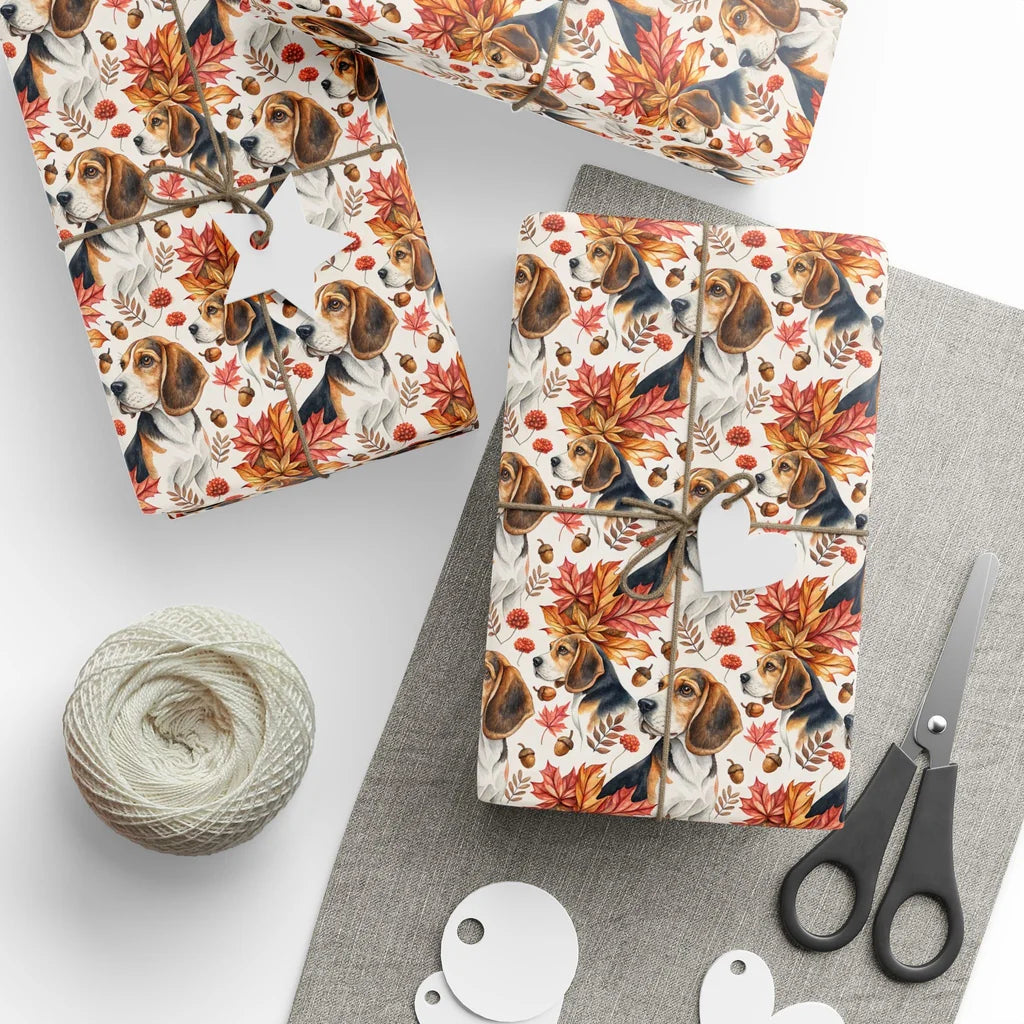 Beagle Autumn Leaves Wrapping Paper — styled gift wrapping with scissors and twine