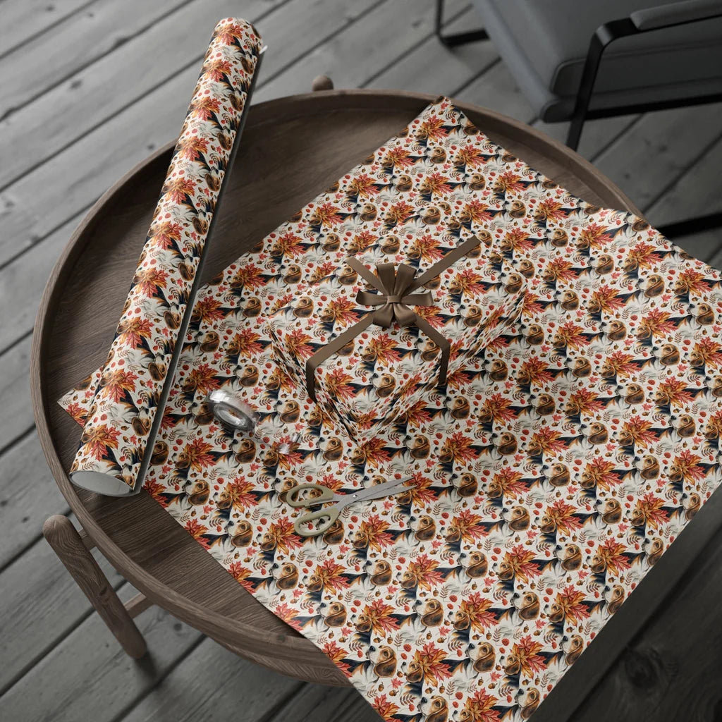 Beagle Autumn Leaves Wrapping Paper — gift wrapping presented on a wooden table