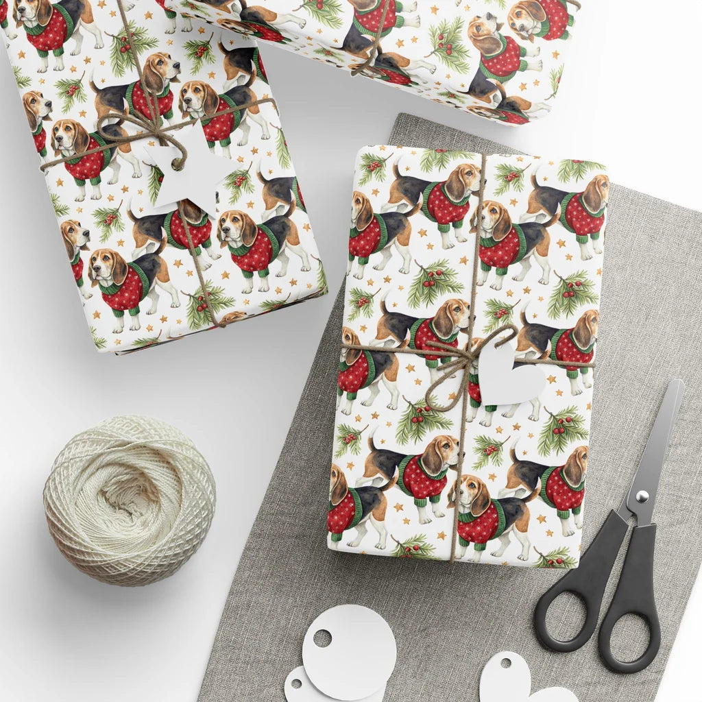 Beagle Christmas Sweater Wrapping Paper — styled gift wrapping with scissors and twine