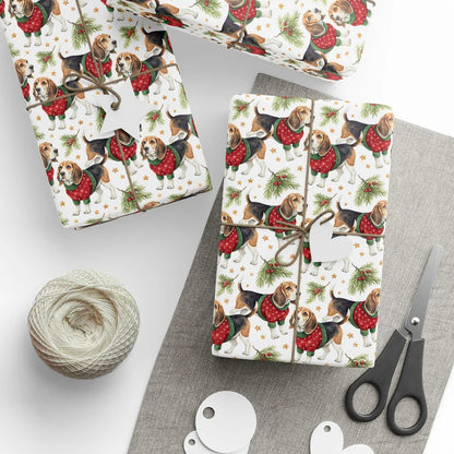 Beagle Christmas Sweater Wrapping Paper — styled gift wrapping with scissors and twine