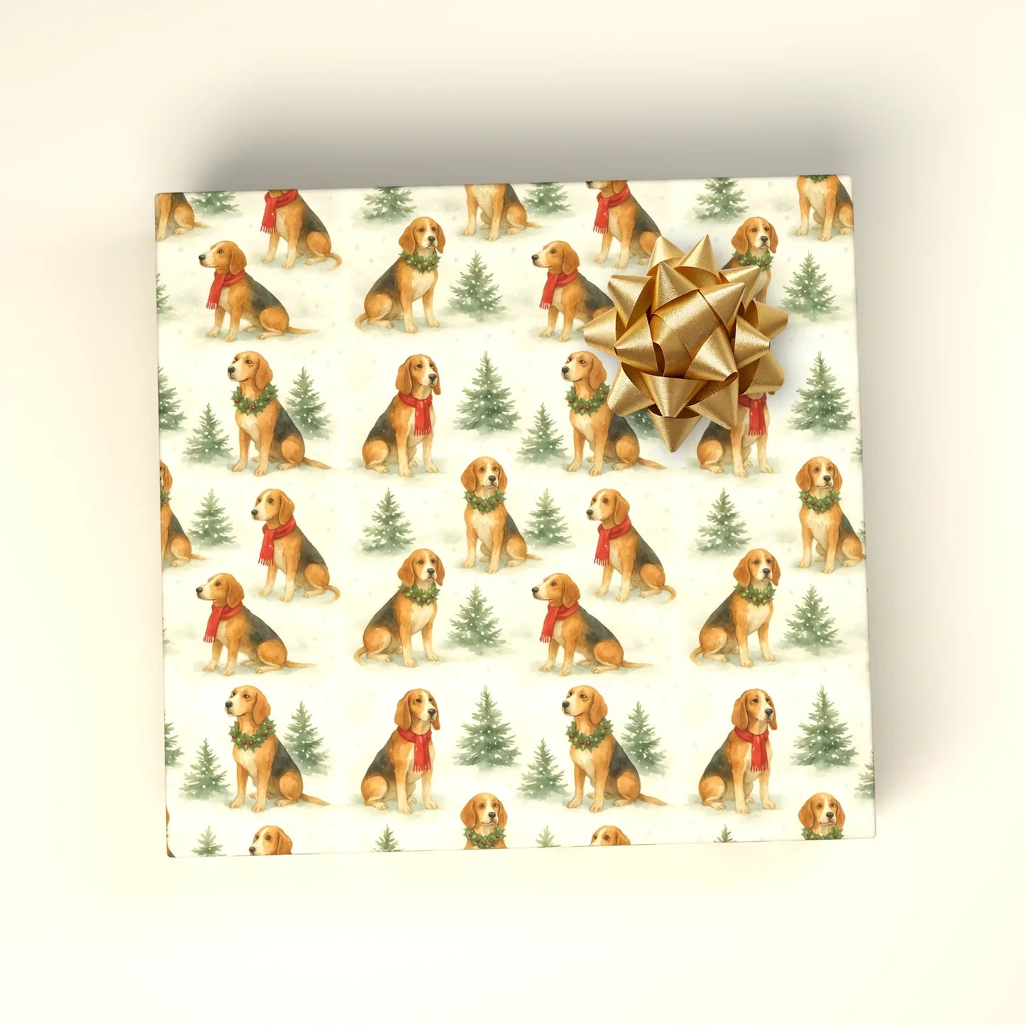 Beagle Christmas Wrapping Paper: Scarves and Snow — wrapped gift presentation
