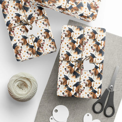 Beagle Graduation Wrapping Paper — styled gift wrapping with scissors and twine