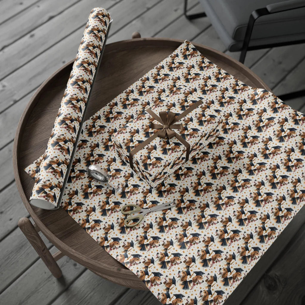 Beagle Graduation Wrapping Paper — gift wrapping presented on a wooden table