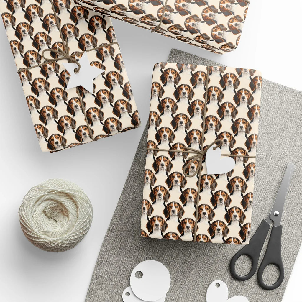 Beagle Portrait Wrapping Paper — styled gift wrapping with scissors and twine