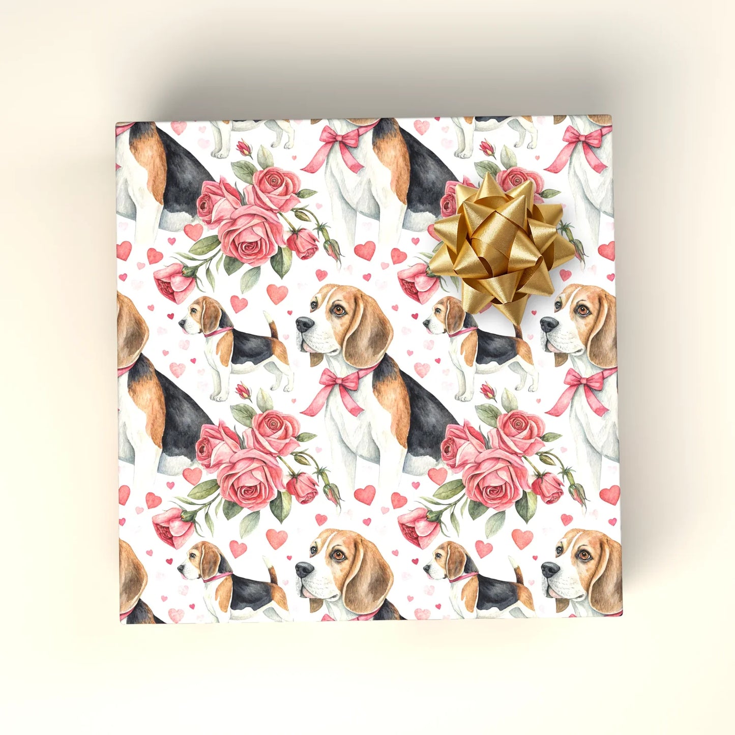 Beagle Valentine Wrapping Paper with Roses and Bows — wrapped gift presentation