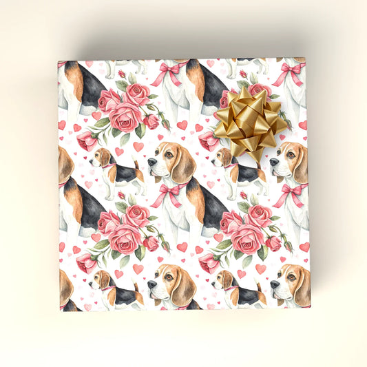Beagle Valentine Wrapping Paper with Roses and Bows — wrapped gift presentation