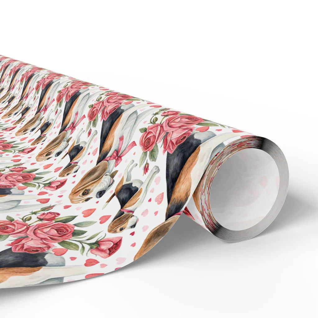 Beagle Valentine Wrapping Paper with Roses and Bows — paper roll