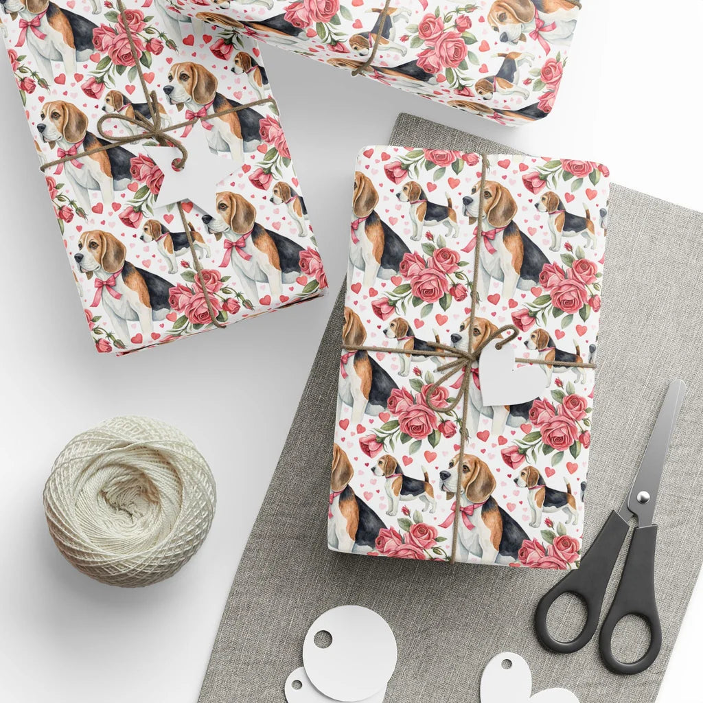 Beagle Valentine Wrapping Paper with Roses and Bows — styled gift wrapping with scissors and twine