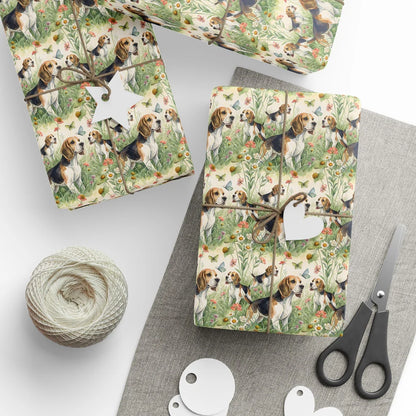Beagle Wildflower Wrapping Paper — styled gift wrapping with scissors and twine